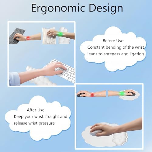 Cloud Wrist Rest Keyboard Cute Cloud Mouse Pad with Wrist Rest for Keyboard and Mouse Leather Cloud Wrist Pad Non-Slip Wrist Support for Computer Gaming Home Office Desk Decor Relief Pain White