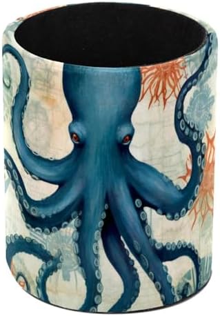 Large Capacity Pen Holder for Desk, Leather Pencil Holder Pen Cup Marker Holder Makeup Brush Holders, Desk Accessories Organizers for Home, School & Office, Nautical Octopus Vintage
