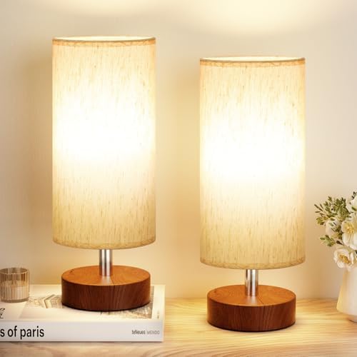 Table Lamps Set of 2 （Cream Shade - Walnut Base, 11.6" Inline Control）