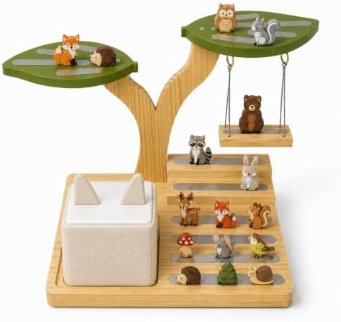 Tree Display Shelf Compatible with Toniebox, Wooden Figurine Organizer with Player Charging Dock, 20+ Capacity, Silver Chain Swing, Desk Storage