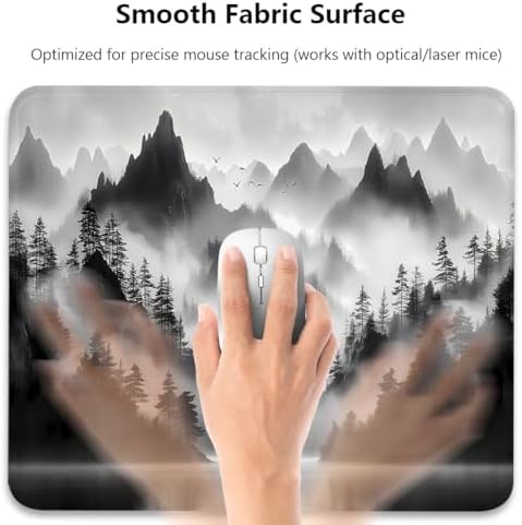 Misty Pine Forest Foggy Mountain Mouse Pad, Black and White Desk Mat
