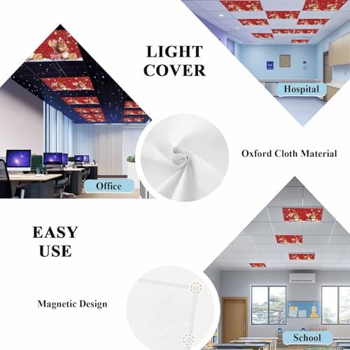 1 Pcs Fluorescent Light Covers for Ceiling Lights,Cute Squirrel Christmas Snowflake on Red,Magnetic Light Filters Drop Fluorescent Lights Shade for Office Xmas Bell on Branch