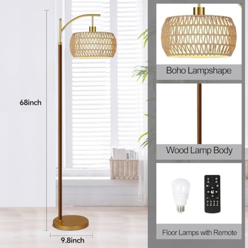 ZECOXOL Wood Floor Lamps for Living Room Arc Boho Floor Lamp with Remote Control & 3 Color Temperatures,Vintage Wicker Rattan Standing Lamp Dimmable Tall Floor Lamp for Bedroom Living Room Corner