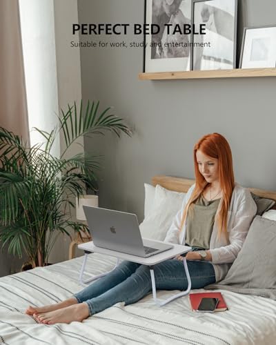 ZEAPTAC Laptop Bed Desk, Foldable Lap Desk, Portable Lap Table, Bed Table, Laptop Stand, Lightweight & Mini Table for Breakfast/Picnic/Drawing/Couch/Floor - White