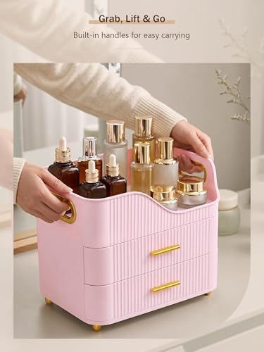 Booklov Large Makeup Organizer for Vanity, Bathroom Countertop, Pink