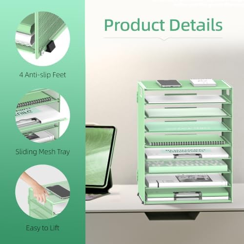 9-Tier Paper Organizer for Desk, Metal Letter Tray with Handles, Mint Green