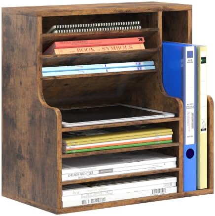 Wood Desktop File Holder Organizer Mail Sorter for File Folders, Mails, Envelopes or Magazines, 8 Compartments (Brown)