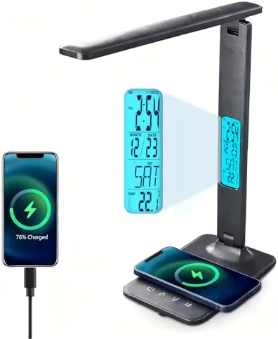 Desk Lamp with Wireless Charger, Table Lamp with USB Port, Eye-Caring Dimmable Touch Control, Clock Display, Adjustable Foldable Arm, 5 Brightness & 3 Color Modes, Home Office Study