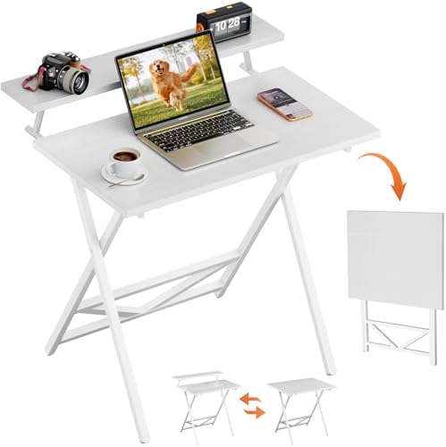 WOHOMO Folding Computer Desk with Monitor Stand, Adjustable Height, White