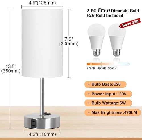 ZJOJO Table Lamps for Bedroom Set of 2, Bedside Small Lamps with AC Outlet