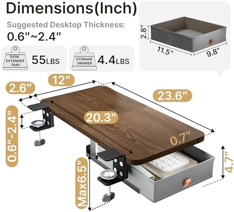 PEGZONE Desk Extender Tray, 24" x 12", with Storage Drawer, Medium, Walnut