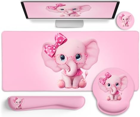 LIMKRIAN Elephant Mouse Pad Large Desk Mat Set, Kawaii Pink Desk Decor
