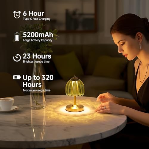 Shenmoyl Set of 2 Tulip Table Lamp with 5200mAh Battery & Touch Control, Cordless Small Table Lamp with 3 Colors, Rechargeable Battery Operated Table Lamps for Nightstand, Bedroom (Green Tulip)