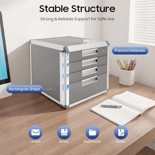 Desk Organizer with 4 Drawers, Desktop Metal Desktop Storage Cabinet with 2 Pcs Keys & Convenient Label, Filing Case Literature Organizer for Offices Homes,12.4x13.8x11.7In