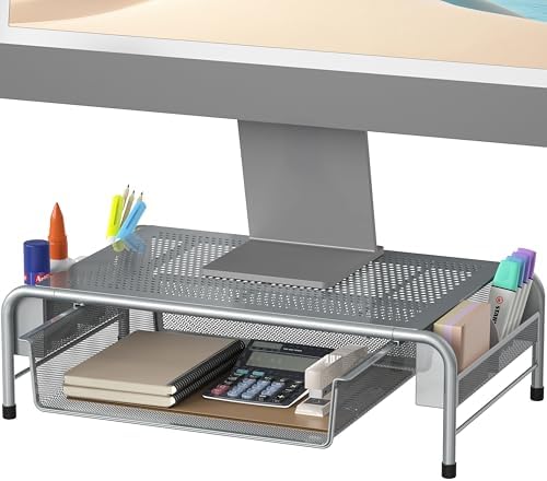 Simple Houseware Metal Desk Monitor Stand Riser w/ Organizer Drawer, Silver
