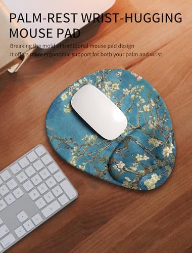 Palm-Rest and Wrist-Hugging Mouse Pad Wrist Rest, Ergonomic Wrist Support with Curve Fitting Cushioned Memory Foam for Carpal Tunnel Pain Relief, 9.9 x 8.3 Inch, Van Gogh Apricot Blossom