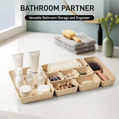 ISSEVE 8Pcs Silicone Bathroom Drawer Organizer Trays Set, 4 Sizes, Beige