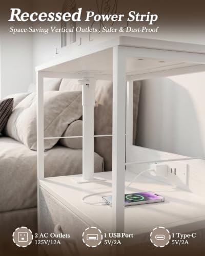 Faesun Night Stand with Charging Station & Swivel Top, White Gray