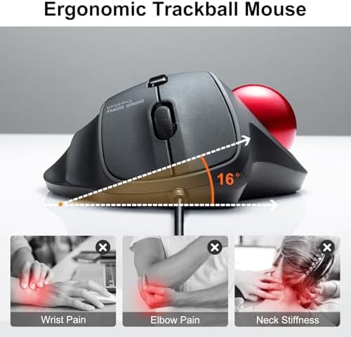 SANWA Wired Trackball Mouse, USB-C/A Port, Silent Clicks, Programmable, Red