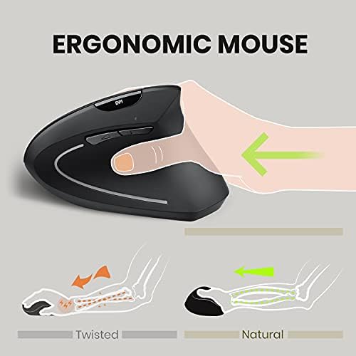 Perixx PERIMICE-713 Wireless Vertical Mouse - 6 Buttons Design - 3 Level DPI - Black - Right-Handed Design