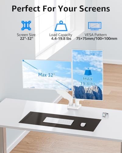Dual Monitor Stand fits up to 32 inch, 4.4-19.8 lbs Computer Screens, Dual Monitor Desk Mount Height Adjustable, Monitor Arms for 2 Monitors, Home Office VESA Mounts, Freelift White
