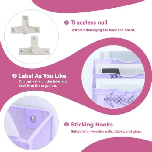 8 Pockets Mesh Wall File Holder Organizer Office Hanging File Folder Magazine Rack, Nametag Label Hooks Set Included (Purple)