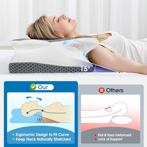 CloudBliss Cervical Memory Foam Pillow for Neck and Shoulder, Contour Neck Support Pillow with Cooling Case, Ergonomic Bed Pillow, Support for Side Back Stomach Sleepers (Grey, Standard Size)