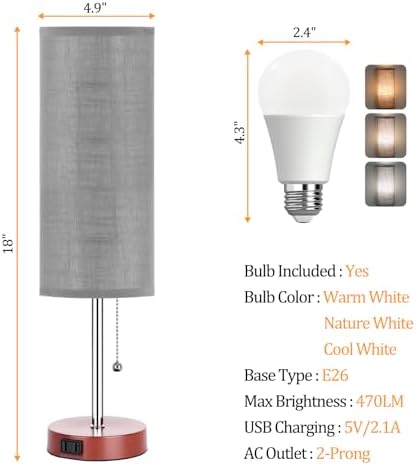 Dott Arts 18" Table Lamp for Bedroom, 3-Color Bedside Lamps with Pull Chain