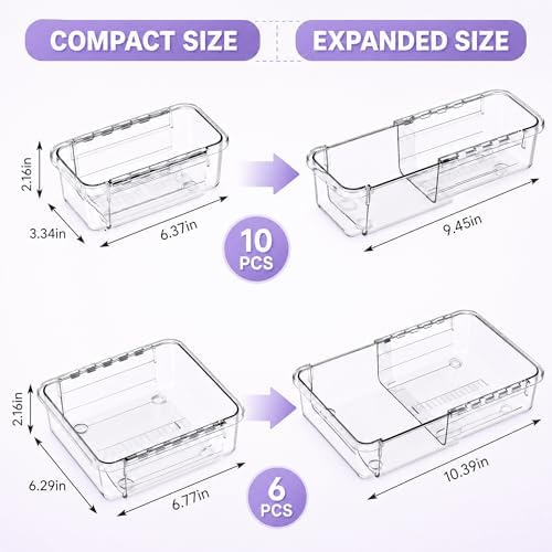 16 Pcs Extendable Clear Drawer Organizer|2-Size Expandable Drawer Dividers