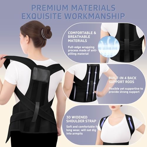 Posture Corrector for Women and Men, Full Back Brace for Posture Support, Adjustable Upper Back Brace with Waist Belt, Shoulder Straightener for Hunchback, Back Support for Work, Home, Office Black, Medium