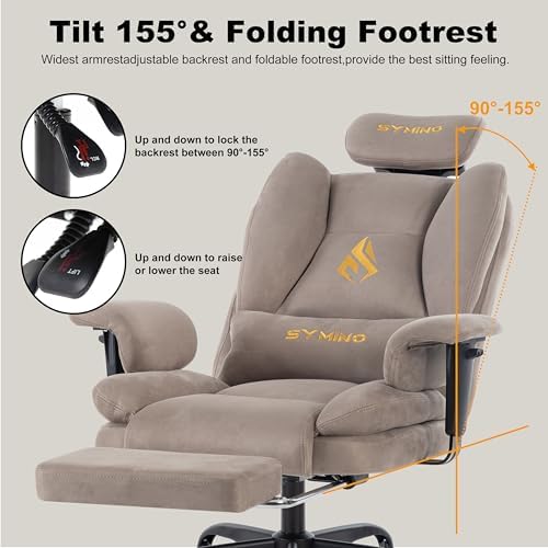 Symino Gaming Chair with Foot Rest, Unique Up/Down Armrests, Twill Fabric Ergonomic High Back Chair, 155° Recline Solid Color Computer Desk Chair, Light Coffee