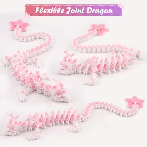 Outgoto 3D Printed Cherry Blossom Dragon – 11.8in Realistic Articulated Dragon Fidget Toy, Desk Décor and Collectible (White Pink)