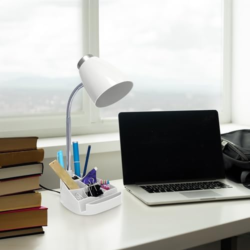 Simple Designs LD1067-WHT Compartmental Desk Lamp with iPhone/iPad/Tablet Stand, Bendable Gooseneck, for Office, Living Room, Nightstand, Library, Entryway, White
