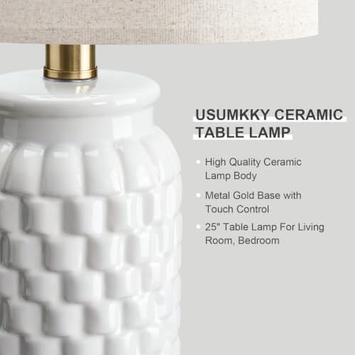 USumkky 25'' Touch Table Lamps for Nightstand White Ceramic -3 Way Dimmable