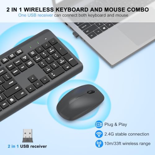Wireless Keyboard and Mouse Combo, Full-Size Silent Ergonomic Keyboard and Optical Mouse, Long Battery Life, 2.4G Lag-Free Mice Keyboard for Computer, Mac, Laptop, PC, Windows(Gray)