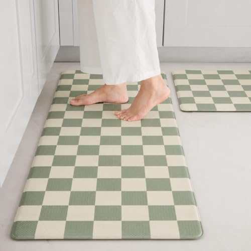 Ohocut Checkered Kitchen Mats for Floor Set of 2, 2 Pcs Sage Green Cushioned Non Slip Runner Rugs for Kitchen/Sink/Laundry, Comfort Aesthetic Cute Anti-Fatigue Foam Floor Mat 17.3"x29.5"+17.3"x47.2"
