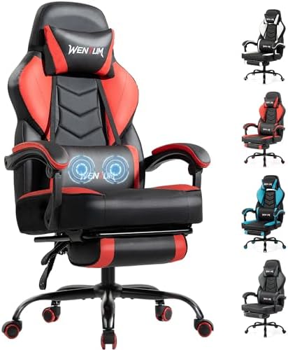 Ergonomic Gaming Chair, Massage & Footrest,350lb Capacity,Breathable PU,Red