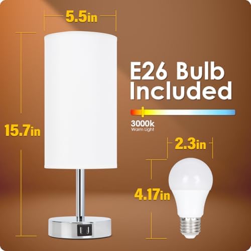Yarra-Decor Bedside Lamp with USB Port - Touch Control Table Lamp for Bedroom 3 Way Dimmable Nightstand Lamp with Round White Fabric Shade for Living Room, Dorm, Home Office (LED Bulb Included)