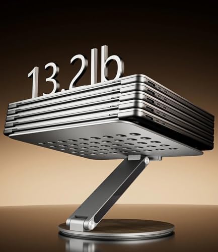 KU XIU Adjustable Laptop Stand with 7-in-1 Hub, Foldable Portable Aluminum Laptop Riser with 360° Swivel Base for Desk, Ergonomic Computer Notebook Stand Holder for All Laptops 10-17"-Gray (Wooden)