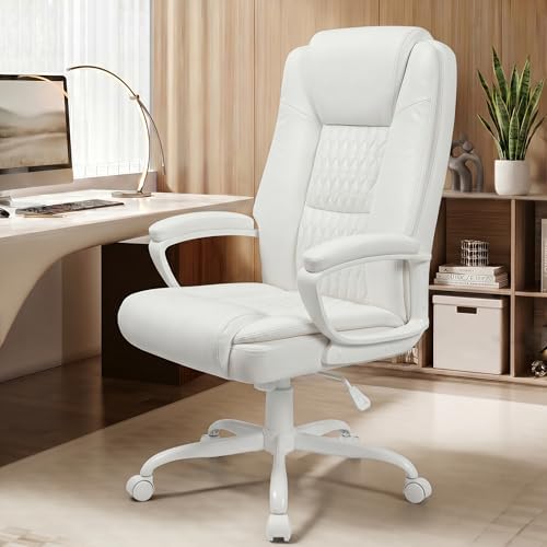 Executive Office Chair, High Back Ergonomic Desk Chair with Lumbar Support, Adjustable Big and Tall Computer Chair, 360° Swivel, PU Leather, White