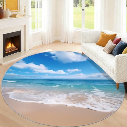 Ocean Theme Round Rug - 3ft Washable Ocean Round Area Rug for Bathroom, Natural Landscape Circle Rugs Soft Non-Slip Carpet for Kitchen Bedroom Kids Room Decor Mat