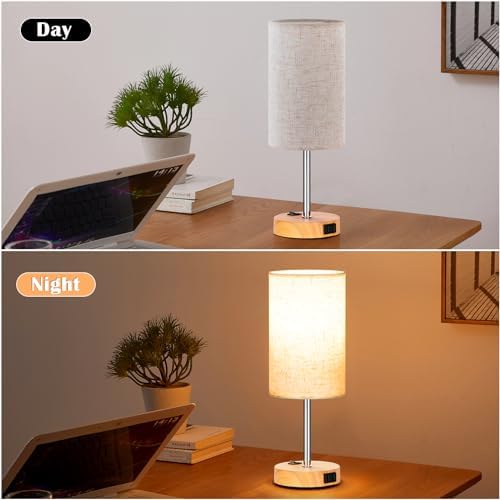ZJOJO Wood Grain Table Lamp Set of 2 for Bedroom,Flaxen Fabric Shade, 13.8"