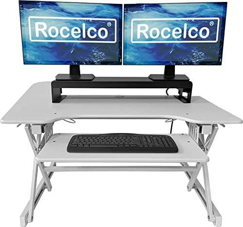Rocelco 40" Large Height Adjustable Standing Desk Converter with Dual Monitor Stand Bundle - Quick Sit Stand Up Computer Workstation Riser - Retractable Keyboard Tray - White (R DADRW-40-DMS)