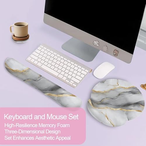 Gray White Gold Marble Keyboard Wrist Rest Pad Mouse Pad Set,Ergonomic Mousepad Wrist Support Memory Foam Desk Pad for Gaming Office,Non-Slip Rubber Base Easy Typing for Home Office Computers