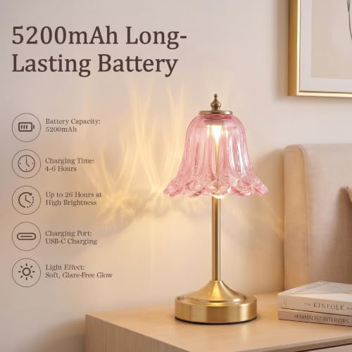 Cordless Table Lamp, Rechargeable Pink Glass Tulip Flower Touch Lamp