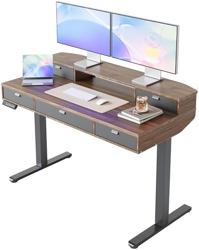 HUANUO 48 x 24 Inch Electric Standing Desk with 4 Drawers, Walnut