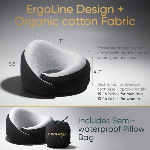 Proglobe Luxe Airplane Neck Pillow, Memory Foam, Organic Cotton, Charcoal