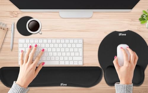 iFine Upgrade Enlarged Superfine Fibre Soft Smooth Memory Foam Ergonomic Mouse Pad & Keyboard Wrist Rest for Desktop Laptop Mac Gaming Office School or Home for Stress Free Typing (Black with Coaster)