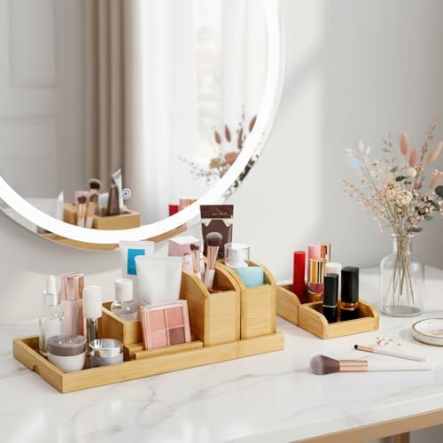 Cididu Bamboo Vanity Tray, 7 Pieces Adjustable Pen Holder Stationery Caddy