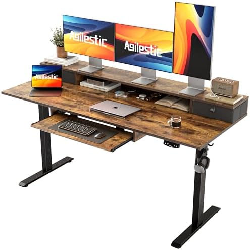 Agilestic 63 Inch Standing Desk with Drawers & Keyboard Tray, Rustic Brown
